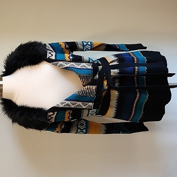 Panhandle Slim Sweaters - Powder River Outfitters Panhandle Slim Faux Fur Trim Cardigan Belted Aztec Print